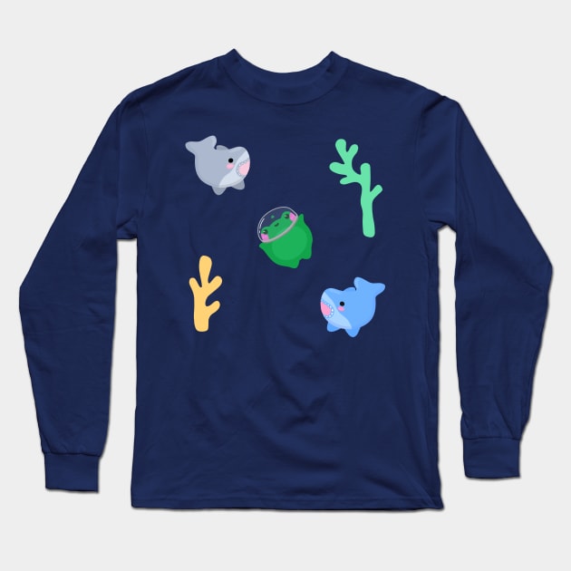 Kawaii Frog And Sharks Long Sleeve T-Shirt by Sofia Sava